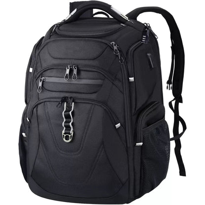 black white business travel backpack with storage compartments