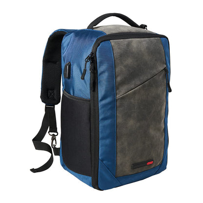 blue black small travel backpack made with sustainable rpet material