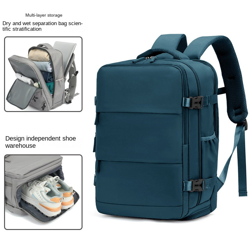 blue business travel backpack with large capacity storage and laptop compartment