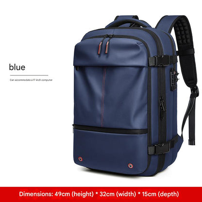 blue business travel backpack with expandable storage and laptop compartment