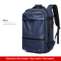 blue business travel backpack with expandable storage and laptop compartment