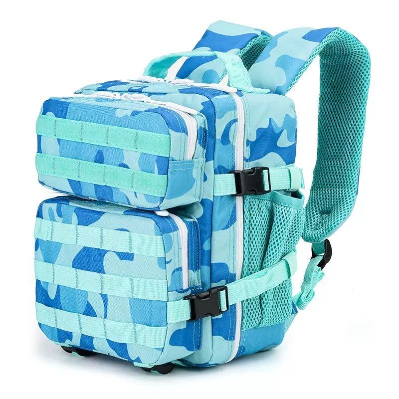 blue camouflage mini sports backpack for gym travel camping and outdoor activities