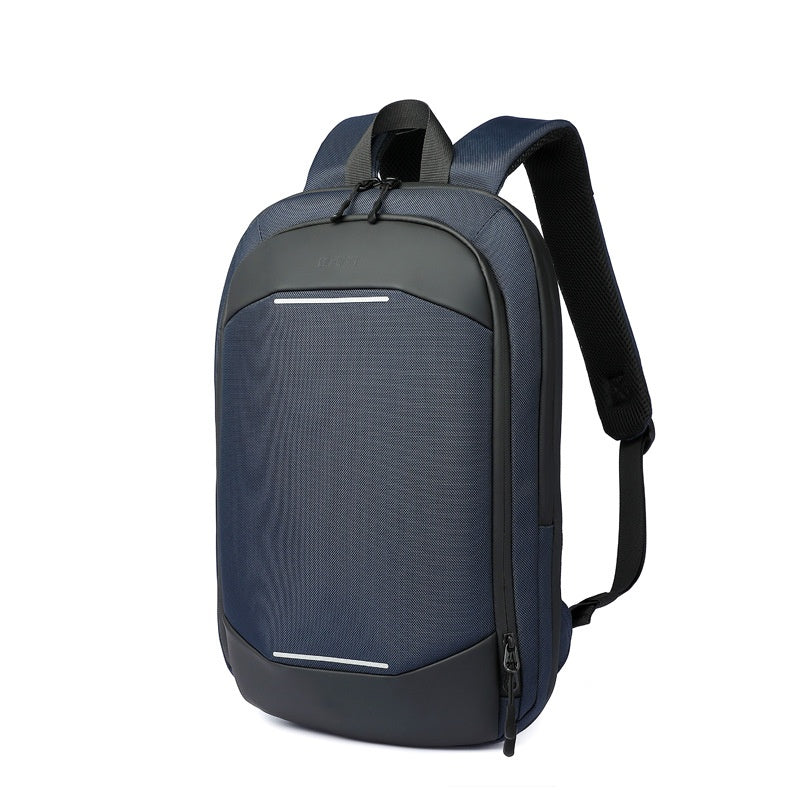 blue expandable business backpack with organized laptop storage