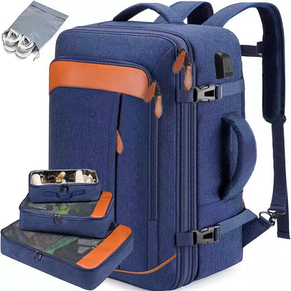blue expandable carry on travel backpack with organized storage compartments