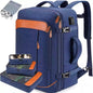 blue expandable carry on travel backpack with organized storage compartments