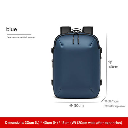 blue expandable laptop travel backpack with vacuum compression system and 5 cm expansion