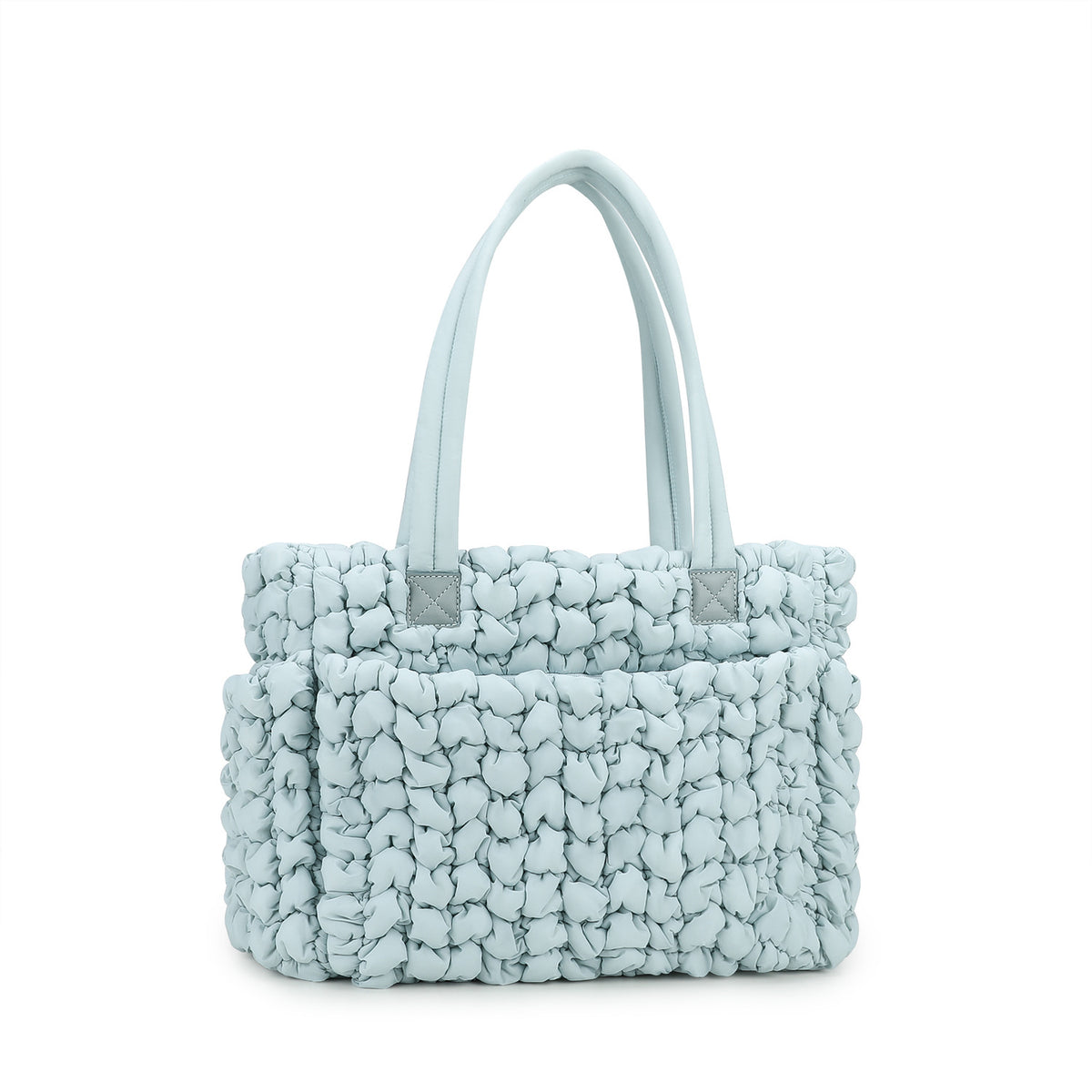 blue-green gathered quilted diaper tote bag with long handles and organized inner compartments