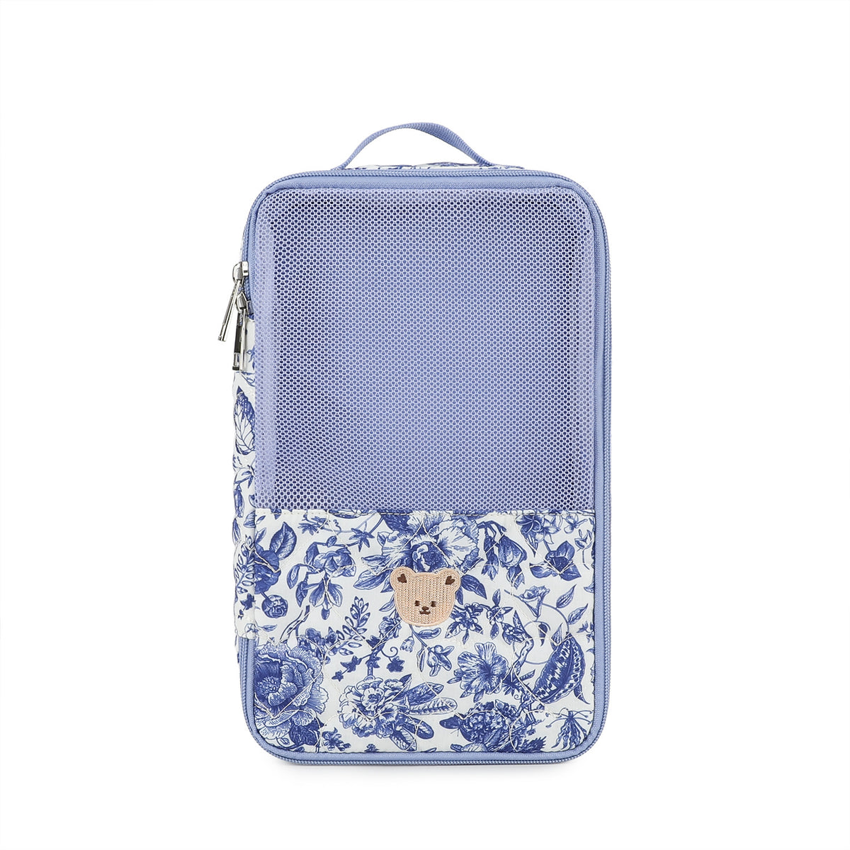 blue patterned baby clothes packing pouch with matching blue mesh front section and embroidered bear motif