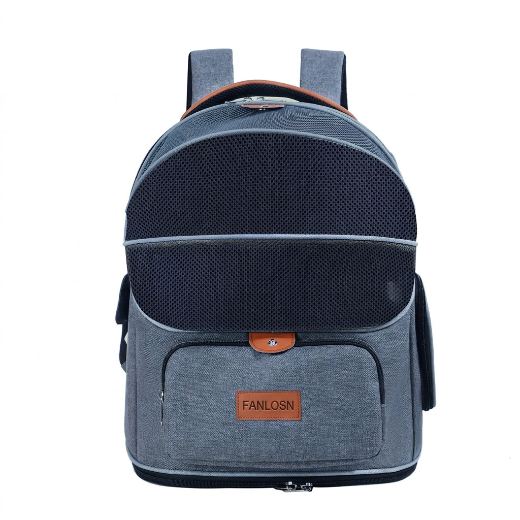 blue pet carrier backpack with navy mesh front panel gray blue fabric and front zipper pocket