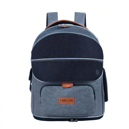 blue pet carrier backpack with navy mesh front panel gray blue fabric and front zipper pocket