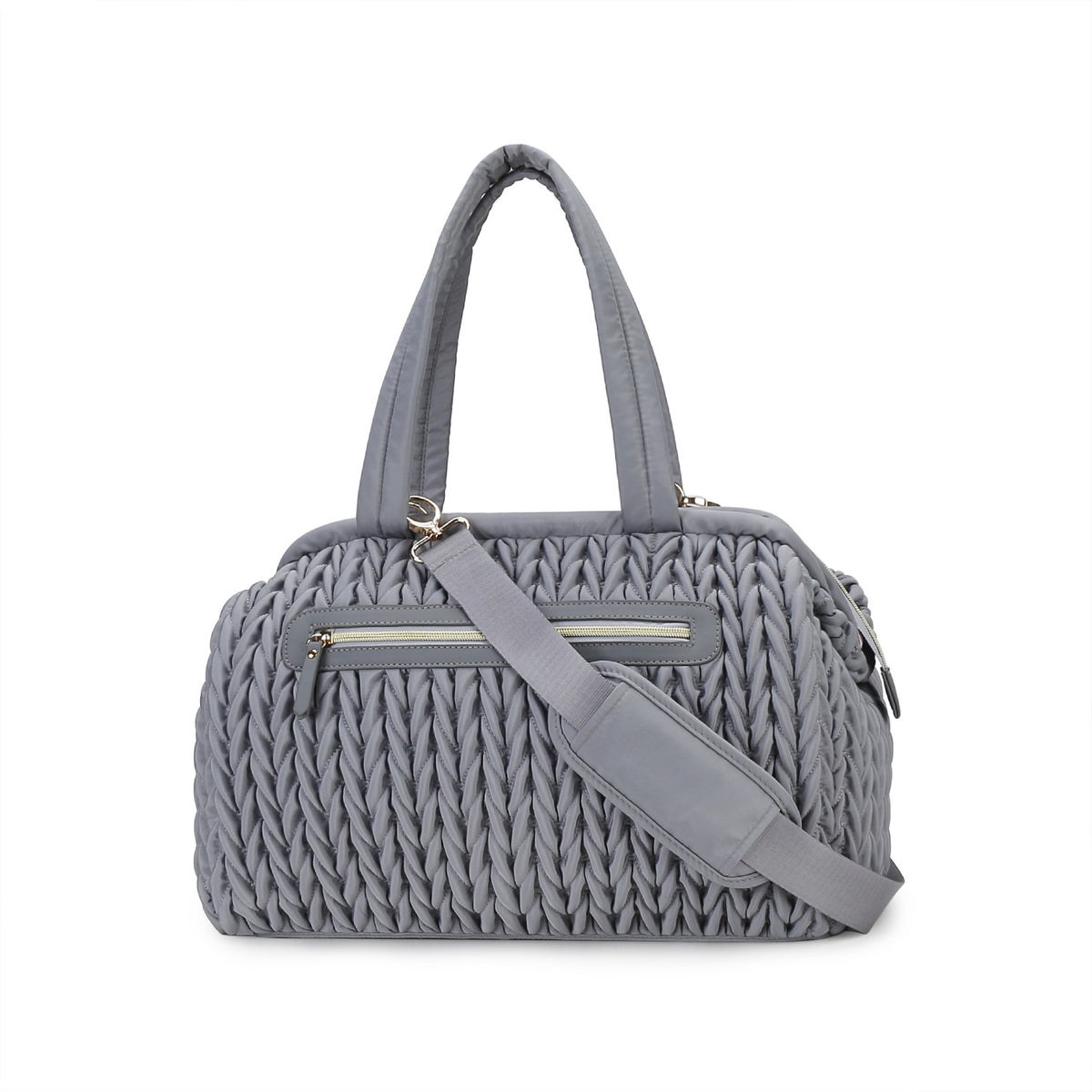 blue textured quilted travel diaper tote with top handles and detachable shoulder strap