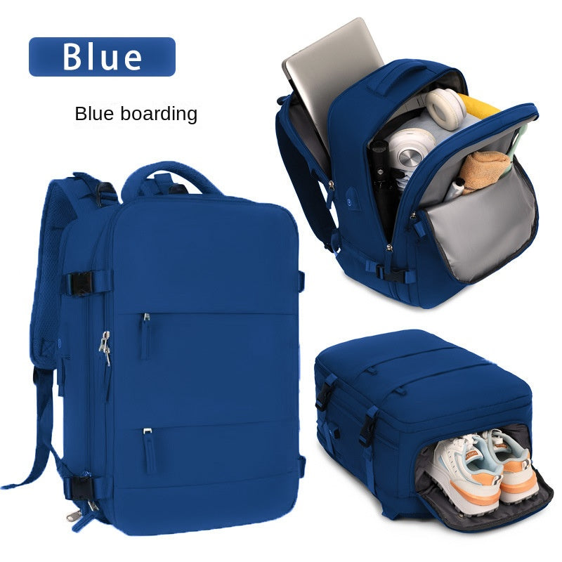 blue travel backpack with laptop compartment and separate shoe storage