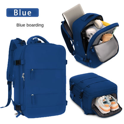 blue travel backpack with laptop compartment and separate shoe storage