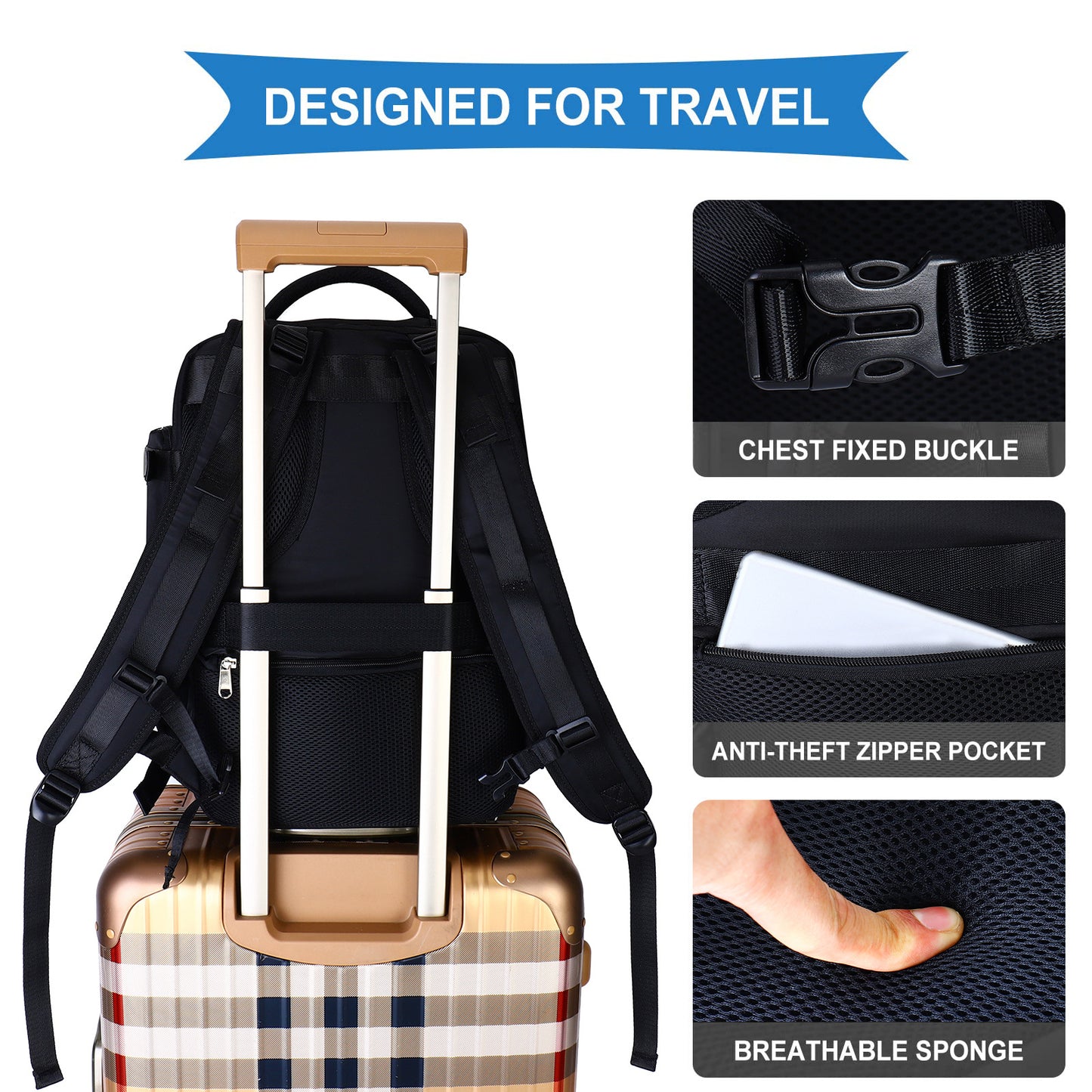 breathable travel backpack with chest buckle and luggage strap