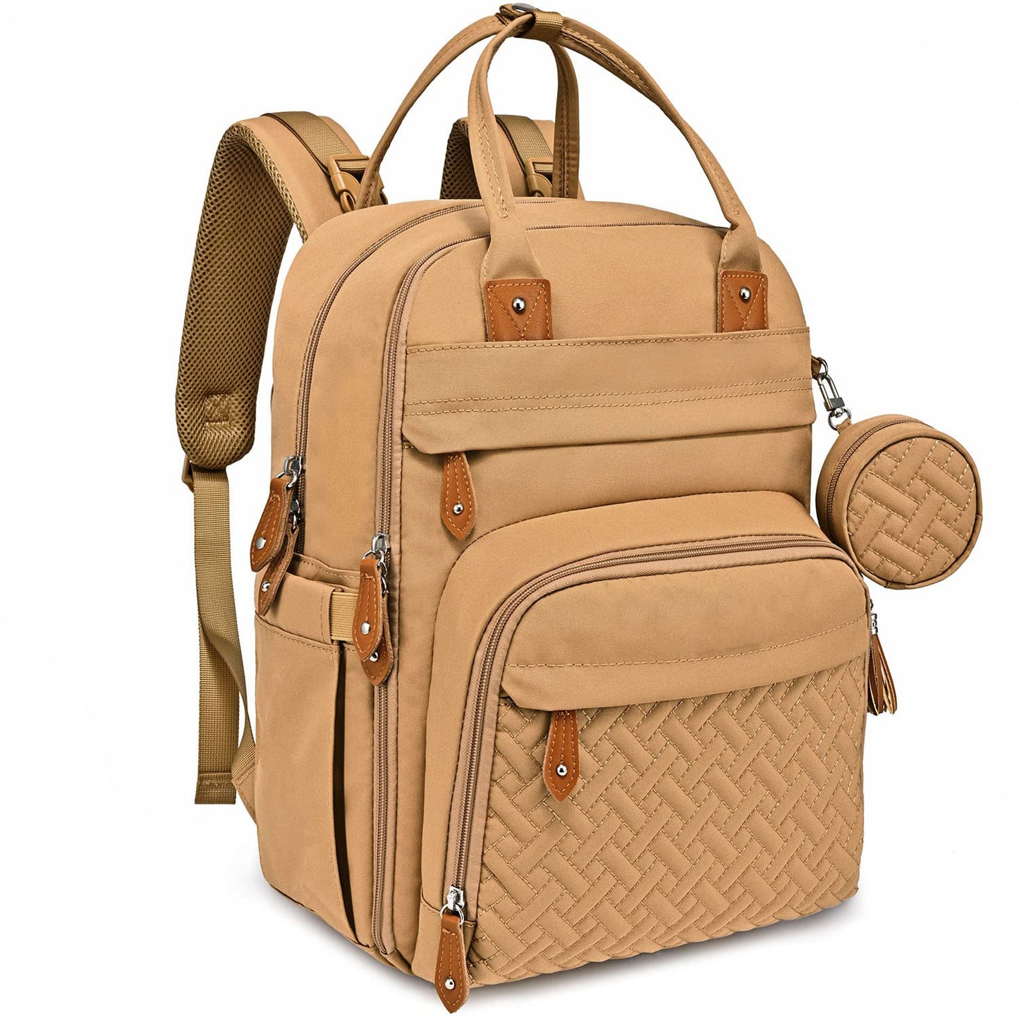 brown baby care backpack with large storage compartments