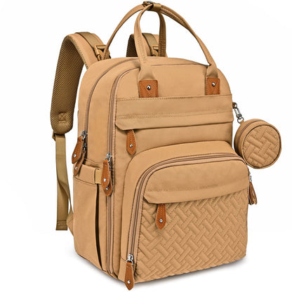 brown baby care backpack with large storage compartments