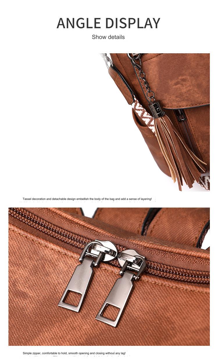 woman carrying brown convertible pu backpack over one shoulder with patterned detachable strap and front zipper pockets