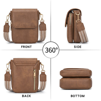 four views of brown crossbody phone bag showing front flap side zipper back pocket and flat base