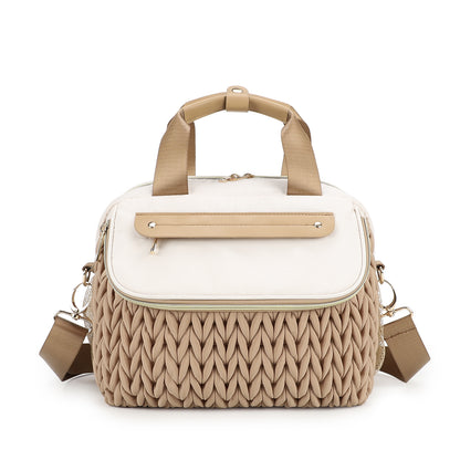 brown custom diaper bag tote with textured front panel top handles and shoulder strap
