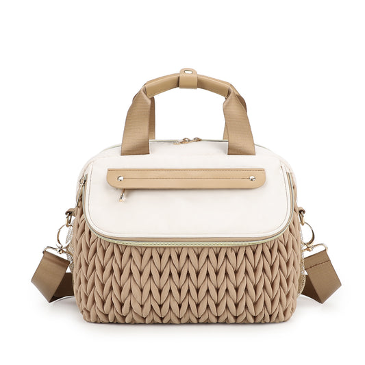 brown custom diaper bag tote with textured front panel top handles and shoulder strap