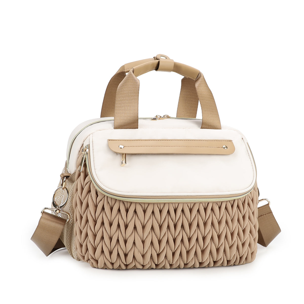brown insulated diaper bag tote with textured front panel and adjustable shoulder strap