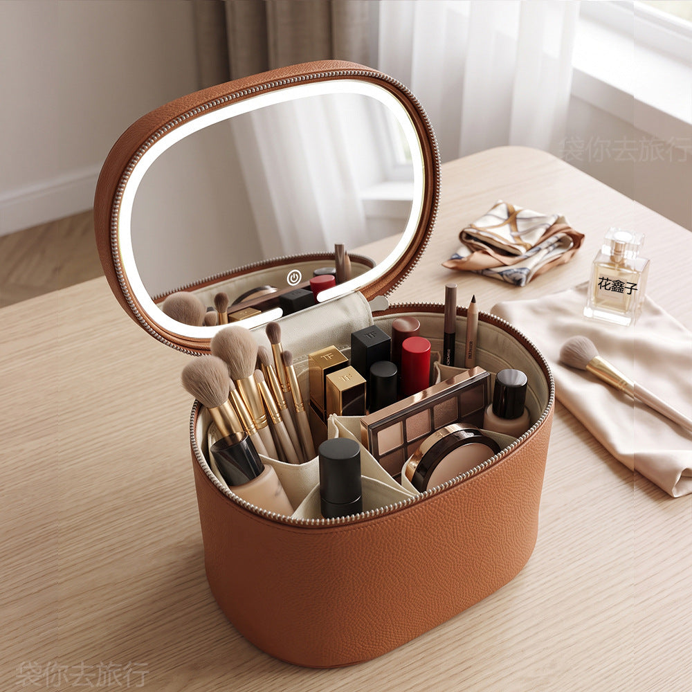 brown makeup brush bag with open mirror lid organized brush slots and cosmetics compartments