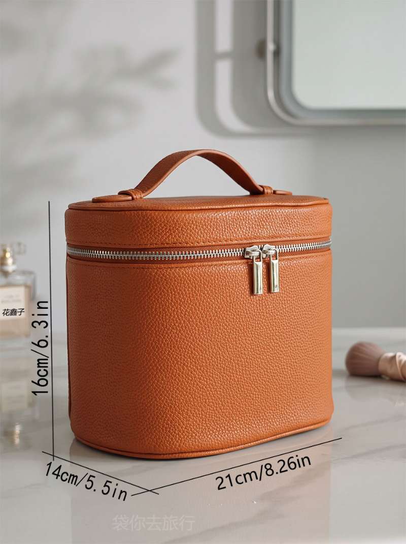 brown structured makeup organizer case dimension reference showing top handle and rounded zippered body