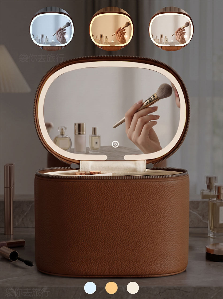 brown makeup organizer case displayed with different lid mirror views and open storage design