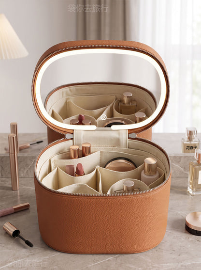 brown makeup organizer case open with mirror makeup brushes bottles and inner dividers
