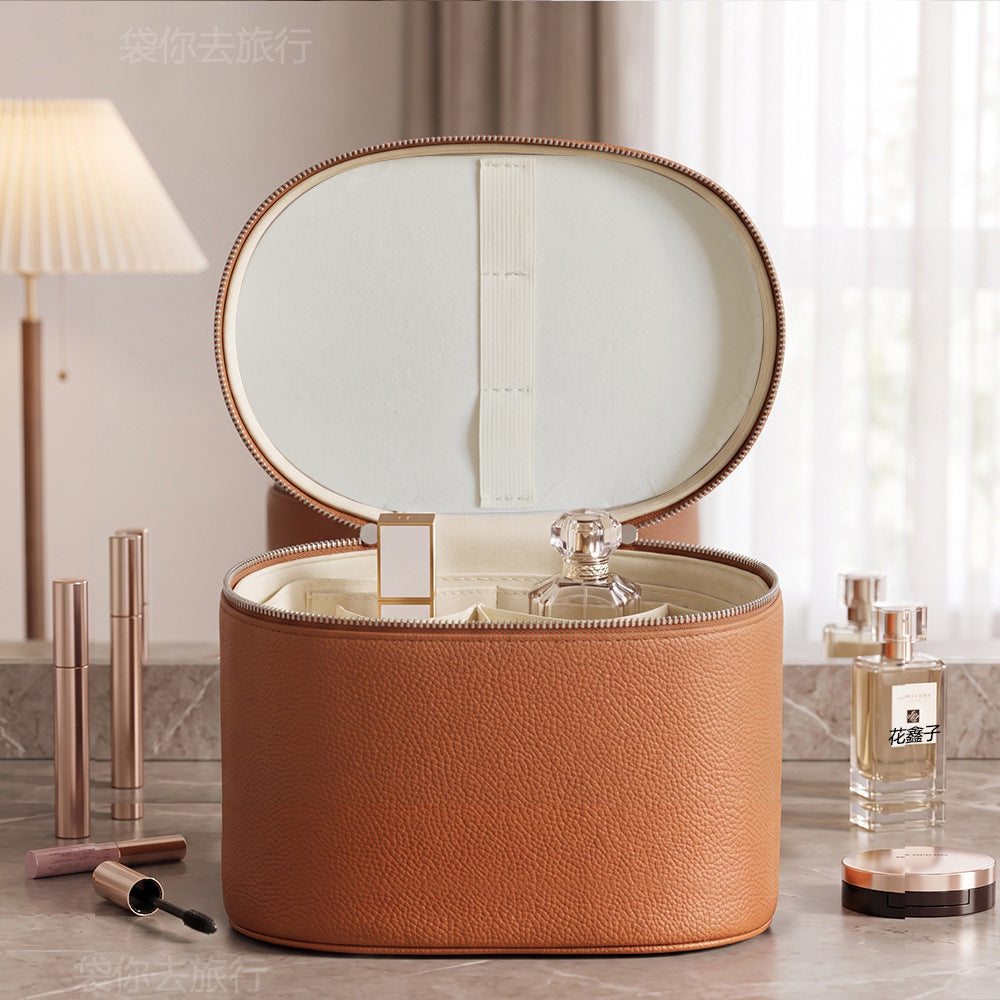 pink makeup organizer case without mirror showing open lid and divided storage for beauty products