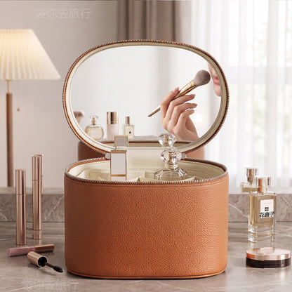 brown makeup organizer case with oval lid mirror zippered body and compact carry handle