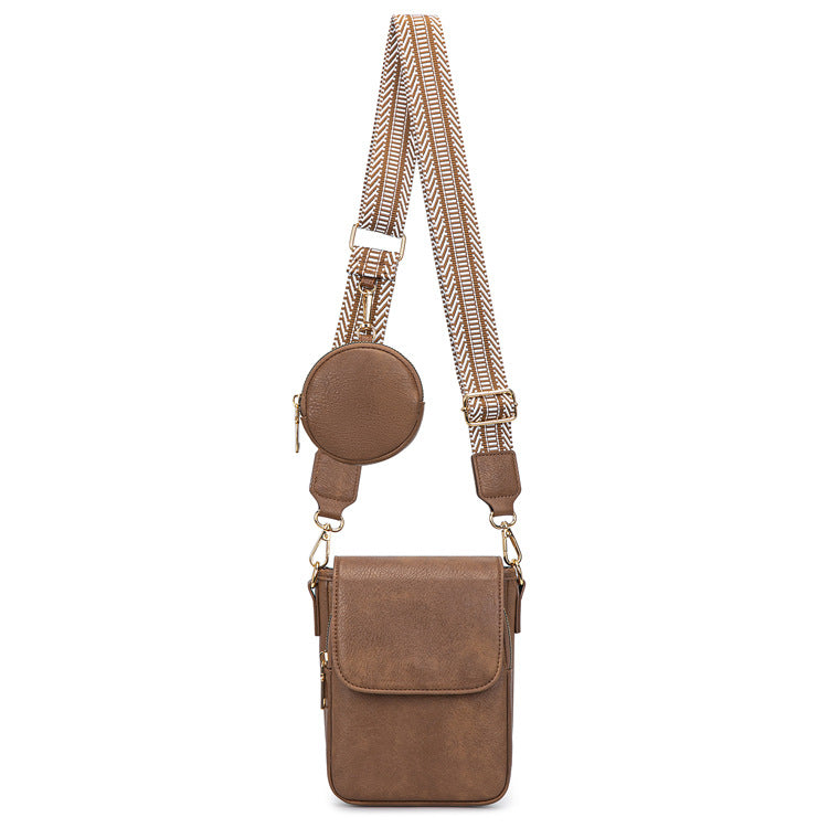 brown pu crossbody phone bag with magnetic flap front pocket and adjustable brown patterned strap
