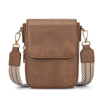brown pu crossbody phone bag with magnetic flap gold-tone clips and adjustable woven strap