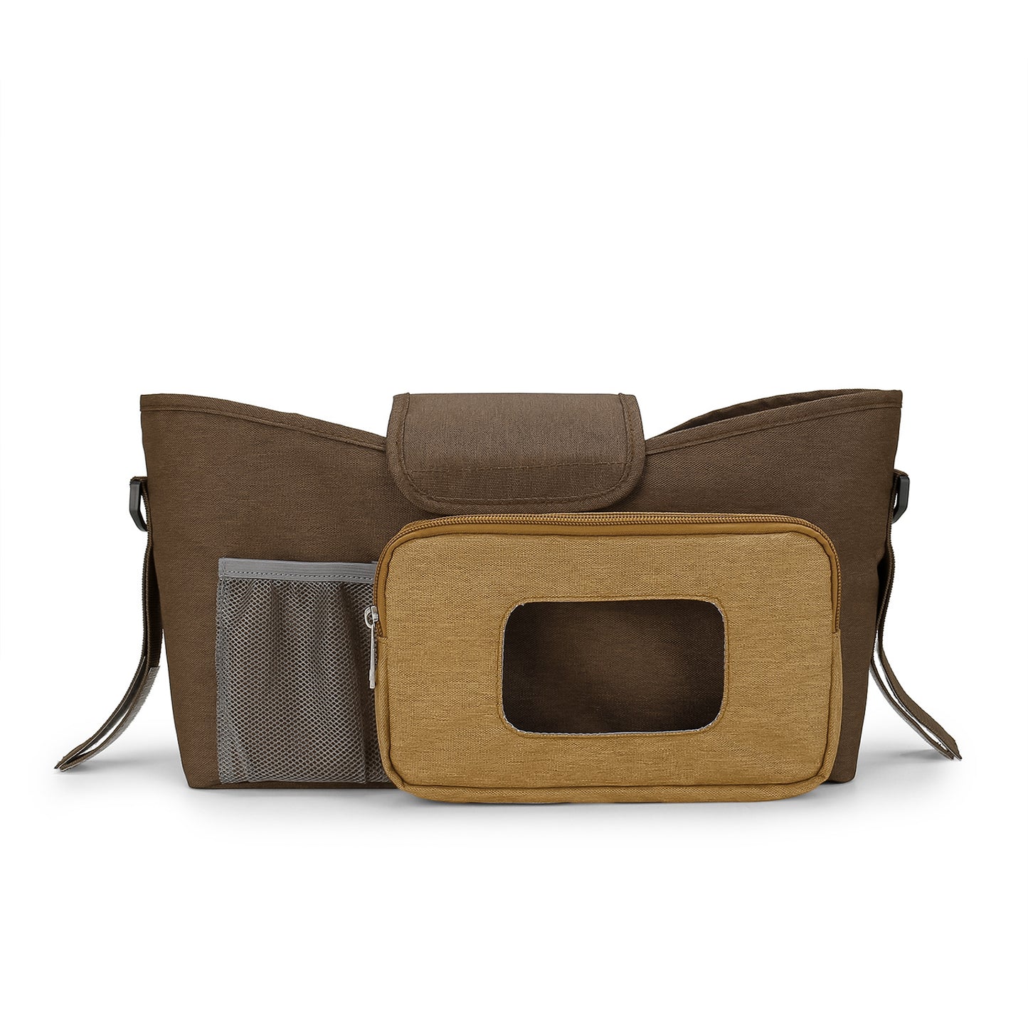 brown baby stroller organizer with shoulder strap