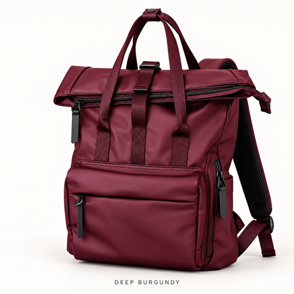 burgundy custom pu fold top backpack with dual carry handles zippered front storage and padded shoulder straps