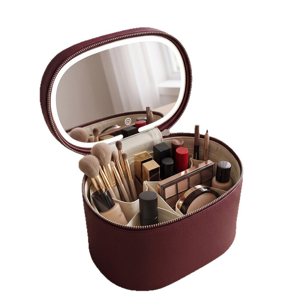 burgundy makeup organizer case with open oval mirror brush holders and divided compartments