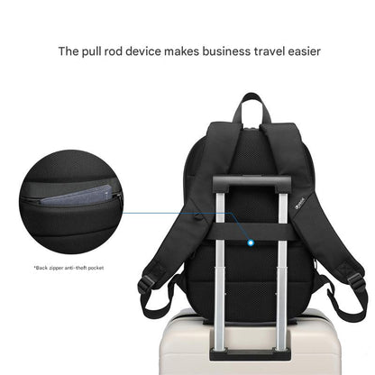 business backpack with luggage sleeve and rear anti theft zipper pocket