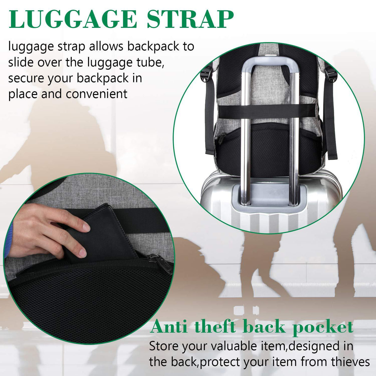 business backpack with trolley sleeve and hidden rear zipper pocket for airport and business travel