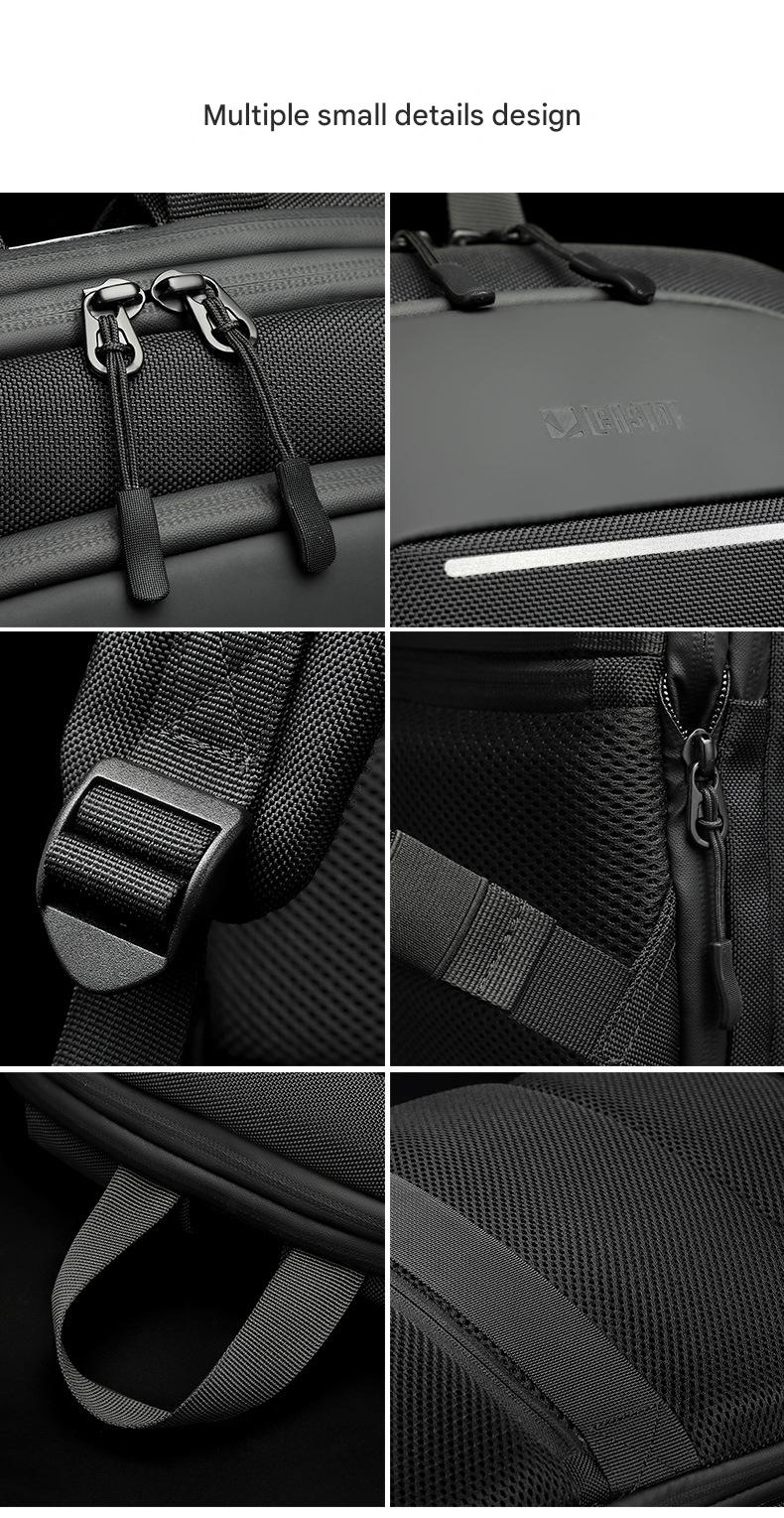 business backpack details with dual zipper reflective trim adjustable strap and breathable mesh