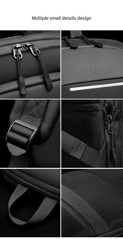 business backpack details with dual zipper reflective trim adjustable strap and breathable mesh