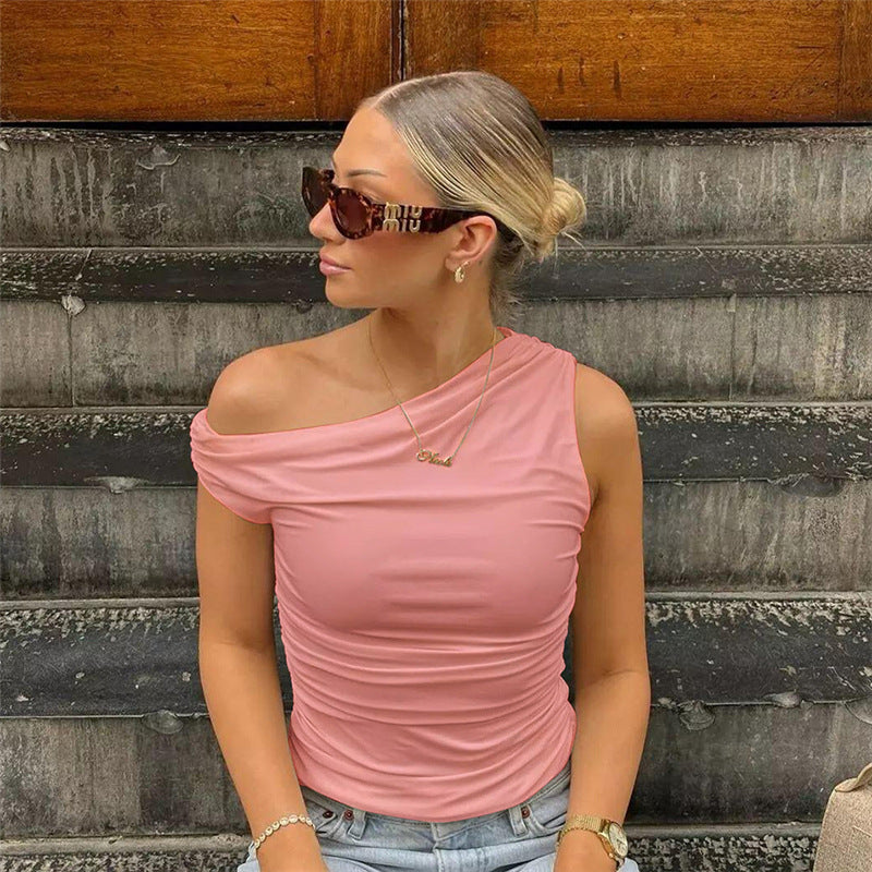 Summer 2024 New Fashion Women's Clothing Sexy Tight off-Shoulder Slimming Pleated Solid Color Sleeveless Top