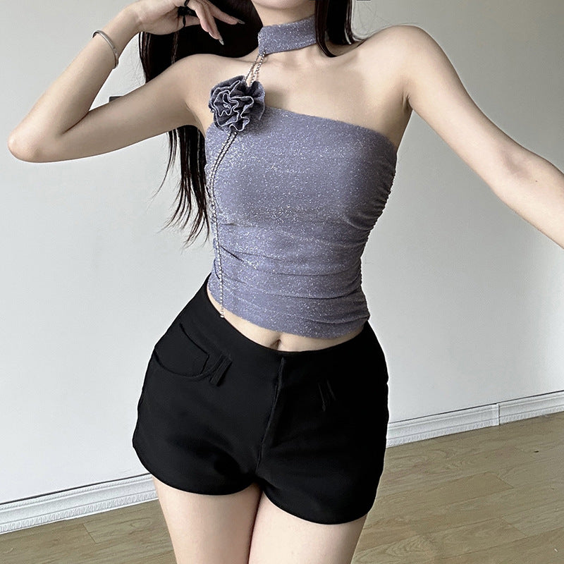 2024 Summer New Women's Clothing Fashion Three-Dimensional Flower off-Neck Slim Fit Midriff-Baring Small Vest for Women