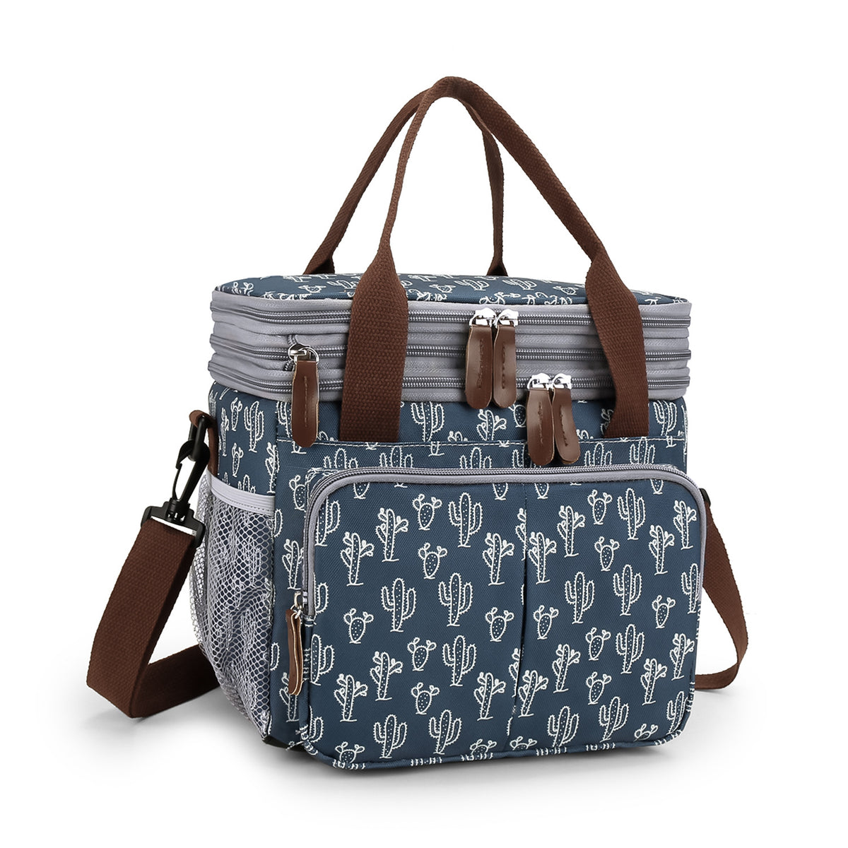 cactus print cooler bag with top handles adjustable shoulder strap front pocket and side mesh holders