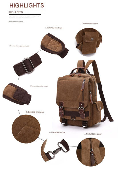 canvas backpack with adjustable shoulder strap side pocket and durable hardware details 02