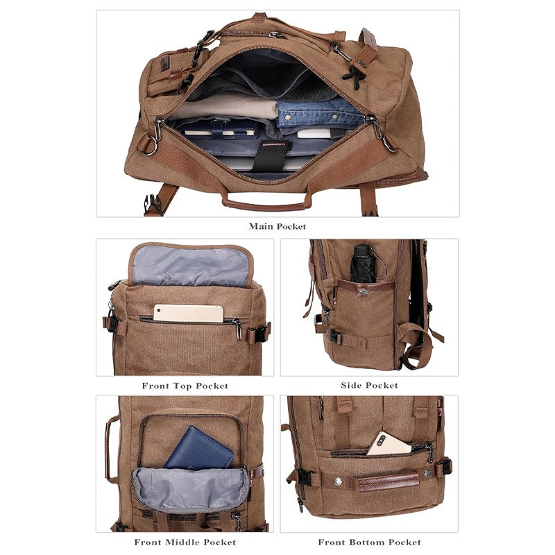 canvas backpack main compartment with laptop and travel storage space