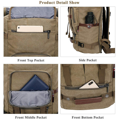 canvas backpack with front top pocket middle pocket and bottom pocket storage