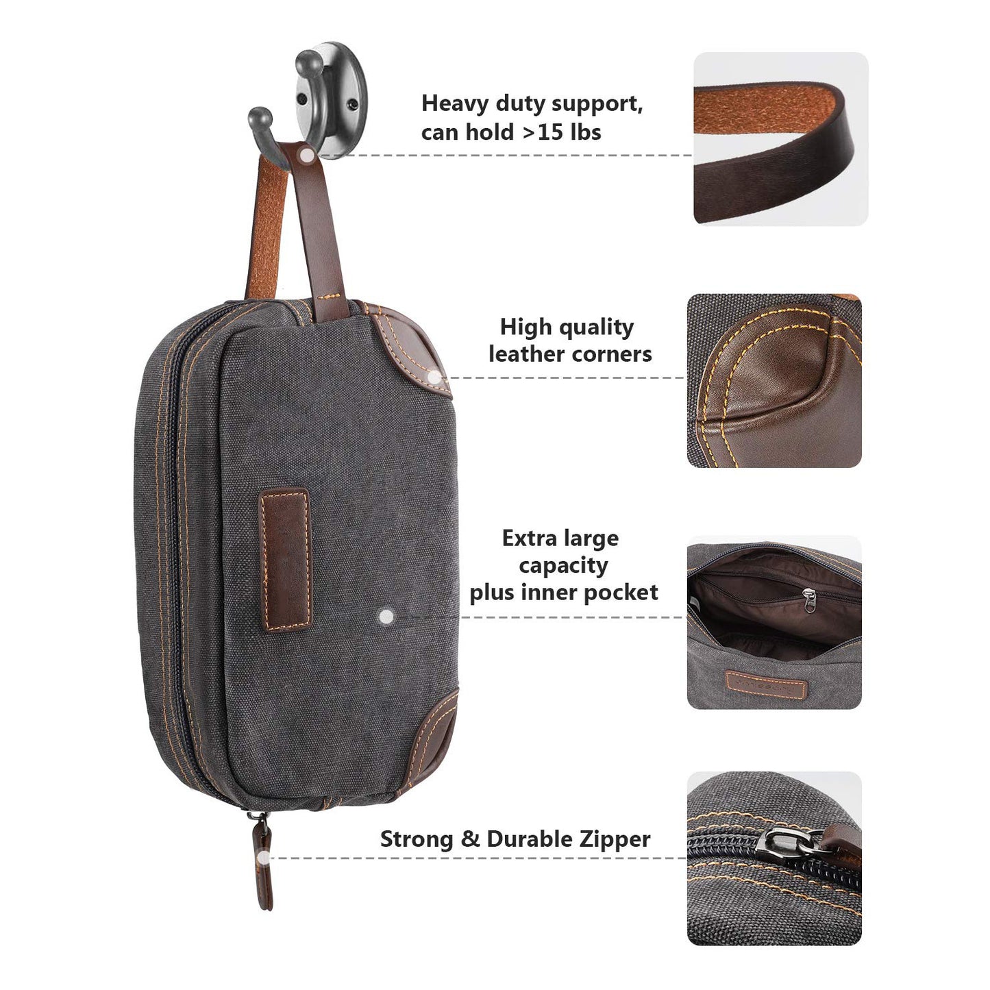 canvas toiletry bag with leather reinforced corners and durable zipper