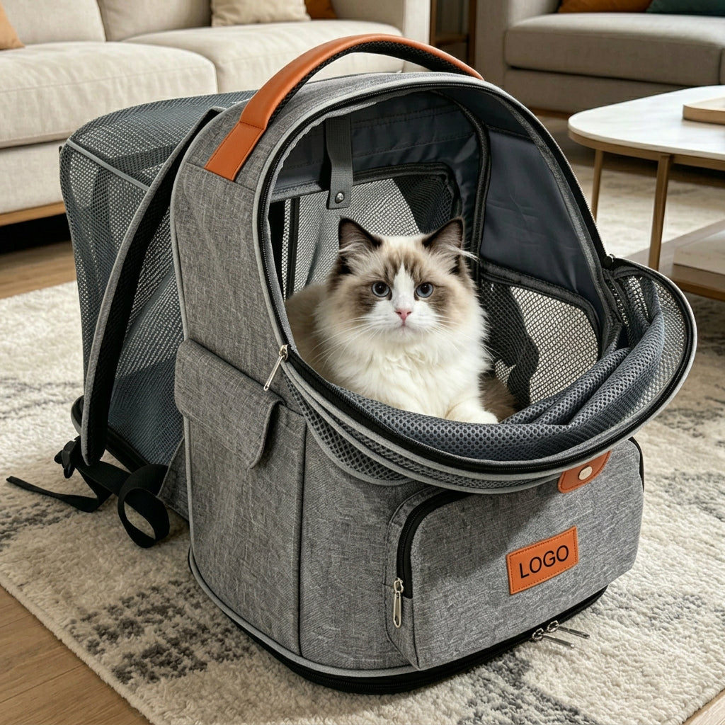 cat sitting inside gray pet carrier backpack with front mesh opening unzipped