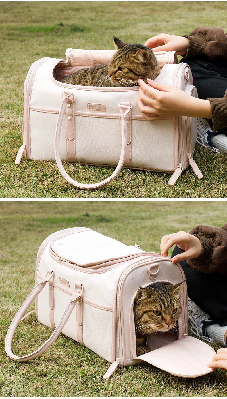 cat pet travel bag used as a handbag carrier with top opening and structured side panels