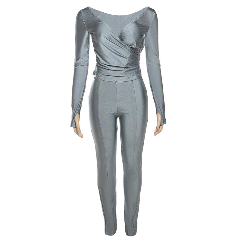 Fall Women's Clothing New Sexy off-the-Shoulder Large V-neck High Waist Tight Trousers Leisure Sports Suit